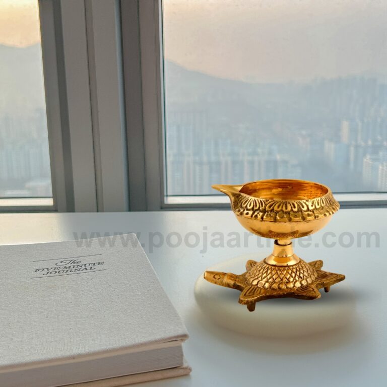 Brass Kuber Diya with Turtle Base, Engraved Design
